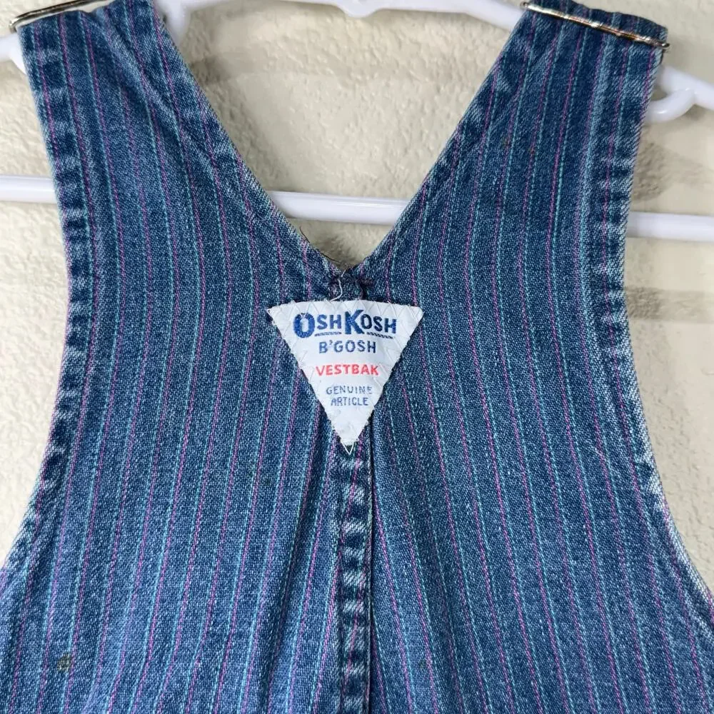 Vintage 80s OshKosh B'Gosh Pink Striped Toddler Baby Vestbak Denim Overall 18 Mo